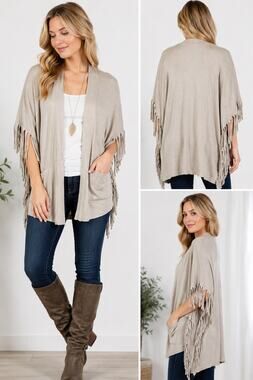 All @ Once Taupe Fringe Batwing Knit Cardigan with Pockets Size Medium NWT
